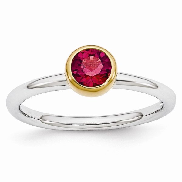 Two Tone Sterling Silver Stackable 5mm Round Created Ruby Ring For Cheap