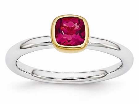 Two Tone Sterling Silver Stackable 5mm Cushion Created Ruby Ring on Sale