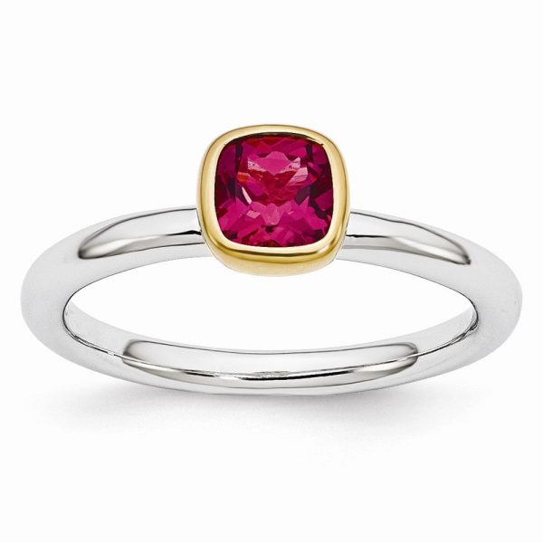 Two Tone Sterling Silver Stackable 5mm Cushion Created Ruby Ring on Sale