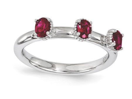 Sterling Silver Stackable Created Ruby Oval Three Stone Ring Online Hot Sale