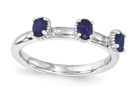 Sterling Silver Stackable Created Sapphire Oval Three Stone Ring Hot on Sale