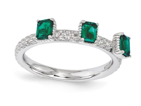 Sterling Silver Stackable Created Emerald Octagon Three Stone Ring Online Hot Sale