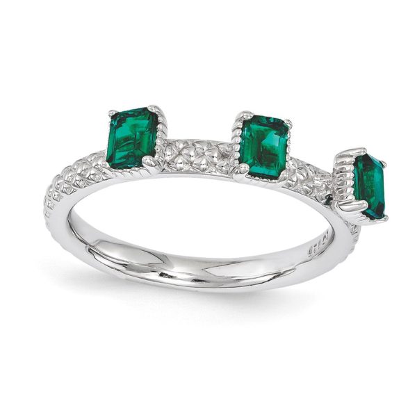 Sterling Silver Stackable Created Emerald Octagon Three Stone Ring Online Hot Sale