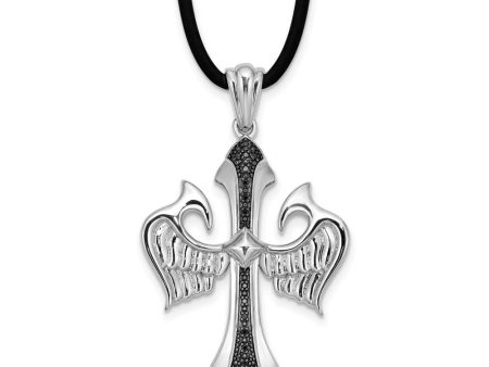 Black Diamond Sterling Silver Cross with Wings & Rubber Cord Necklace Discount