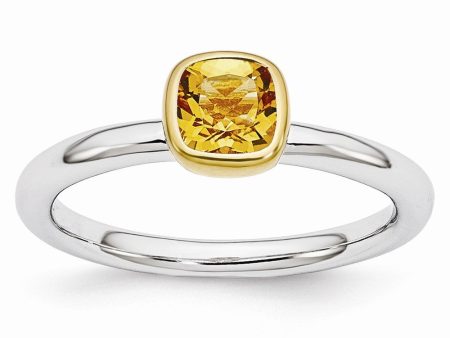 Two Tone Sterling Silver Stackable 5mm Cushion Citrine Ring For Discount