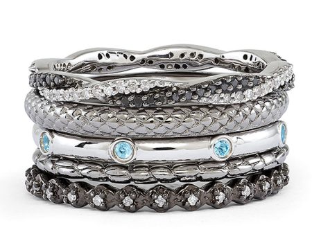 Two Tone Sterling Silver, Diamond & Blue Topaz Band Stackable Ring Set Online