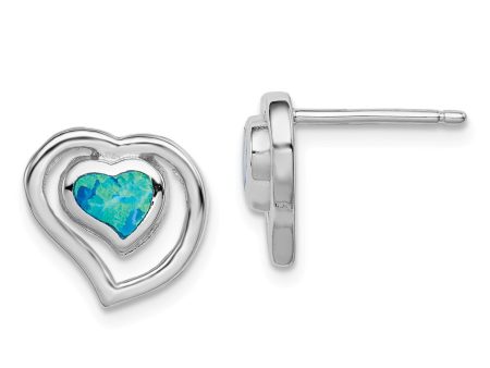 10mm Created Blue Opal Double Heart Post Earrings in Sterling Silver For Discount