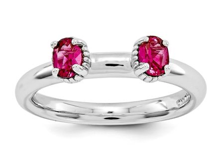 Sterling Silver Stackable Created Ruby Oval Two Stone Ring Sale