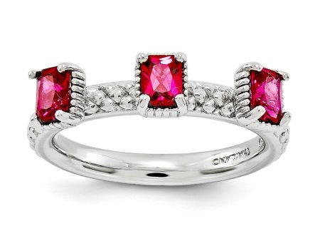 Sterling Silver Stackable Created Ruby Octagon Three Stone Ring Cheap