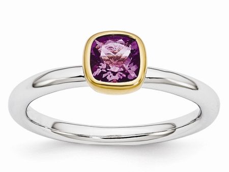 Two Tone Sterling Silver Stackable 5mm Cushion Amethyst Ring on Sale