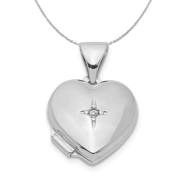 12mm Diamond Accent Heart Shaped Locket in Sterling Silver Necklace Cheap