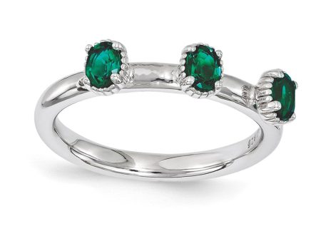 Sterling Silver Stackable Created Emerald Oval Three Stone Ring on Sale