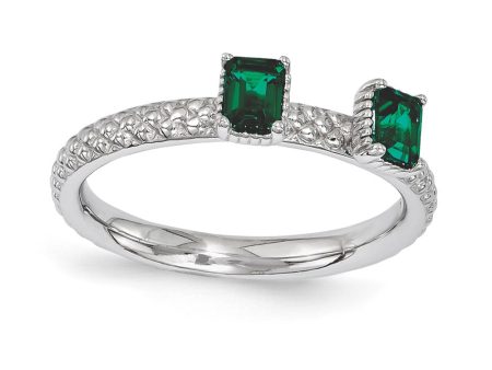 Sterling Silver Stackable Created Emerald Octagon Two Stone Ring Discount