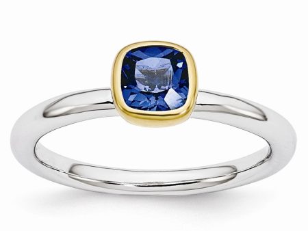 Two Tone Sterling Silver Stackable 5mm Cushion Created Sapphire Ring Hot on Sale