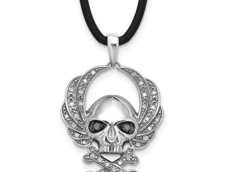 Black & White Diamond Sterling Silver Skull & Crossbones Cord Necklace For Cheap