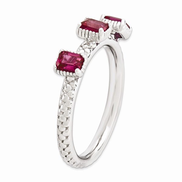 Sterling Silver Stackable Created Ruby Octagon Three Stone Ring Cheap