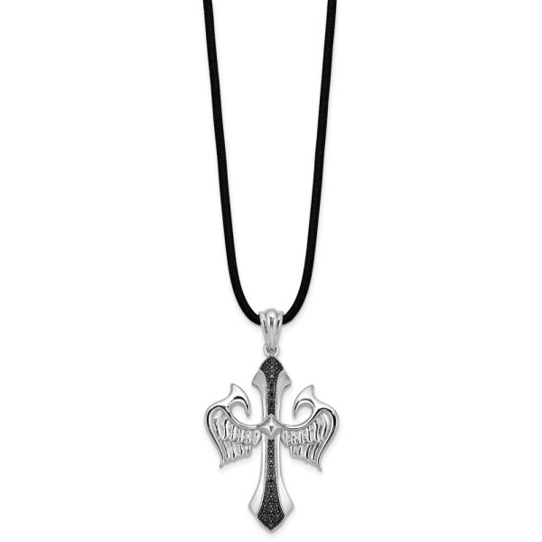 Black Diamond Sterling Silver Cross with Wings & Rubber Cord Necklace Discount