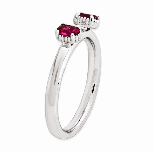 Sterling Silver Stackable Created Ruby Oval Two Stone Ring Sale